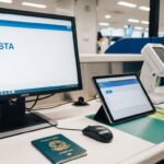 Photorealistic image of a modern Japanese airport immigration counter. Focus on the officer's side of the desk, showing a computer monitor with a travel authorization form interface labeled 'JESTA', an open passport with a Brazilian cover, a digital tablet, and a biometric scanner. The atmosphere is professional and sleek, with clean airport lighting. Style: professional photography, sharp focus, depth of field.
