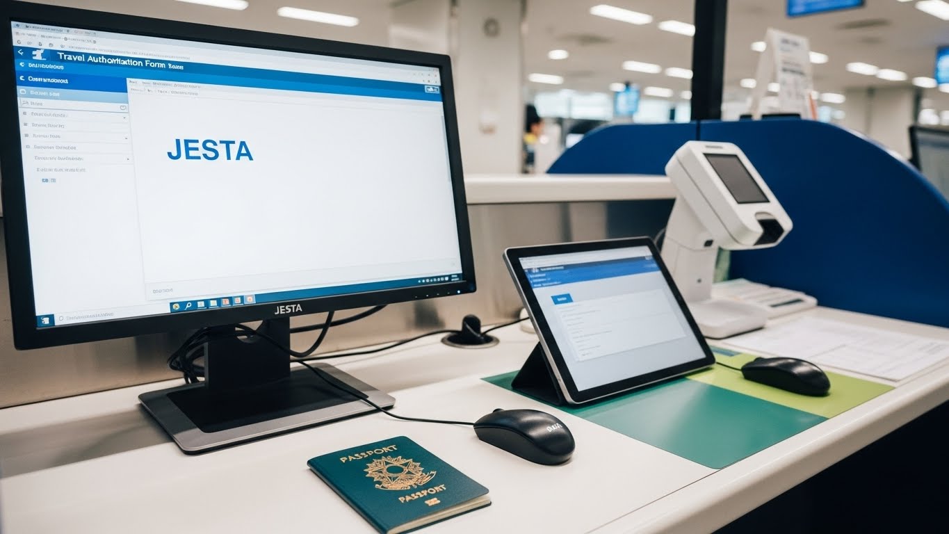Photorealistic image of a modern Japanese airport immigration counter. Focus on the officer's side of the desk, showing a computer monitor with a travel authorization form interface labeled 'JESTA', an open passport with a Brazilian cover, a digital tablet, and a biometric scanner. The atmosphere is professional and sleek, with clean airport lighting. Style: professional photography, sharp focus, depth of field.