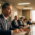 A serious-looking Japanese mayor in a formal suit speaking at a meeting table in a municipal office, late afternoon light filtering through windows, a city flag with Japanese characters for 'Iga' visible in the background, photorealistic style, professional environmental portrait, focused expression, depth of field.