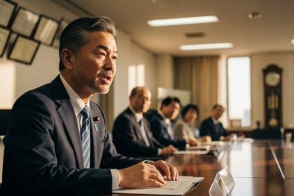 A serious-looking Japanese mayor in a formal suit speaking at a meeting table in a municipal office, late afternoon light filtering through windows, a city flag with Japanese characters for 'Iga' visible in the background, photorealistic style, professional environmental portrait, focused expression, depth of field.