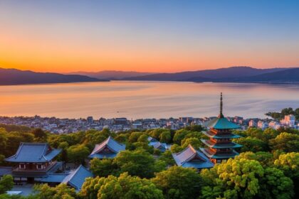 Aerial panoramic view of Lake Biwa at sunset, reflecting warm orange and pink hues in the water. In the foreground, the traditional curved rooftops and pagoda of Mii-dera Temple (Onjo-ji) are visible amidst lush green trees. Distant mountains line the horizon under a soft, gradient sky. Photorealistic, professional travel photography style, golden hour lighting, sharp details.